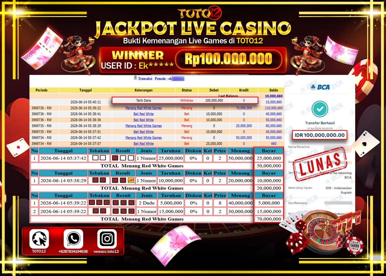 HANYA DI TOTO12 JP PASTI DI BAYAR LUNAS DAN CEPAT!!!!!! JACKPOT  LIVE GAME CASINO (RED WHITE) Rp100.000.000!!!!