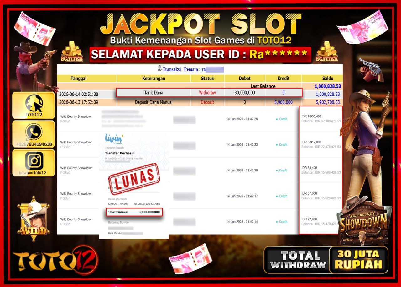 HANYA DI TOTO12 JP PASTI DI BAYAR LUNAS DAN CEPAT!!!!!! JACKPOT SLOT GAME (WILD BOUNTY SHOWDOWN) Rp30.000.000!!!!