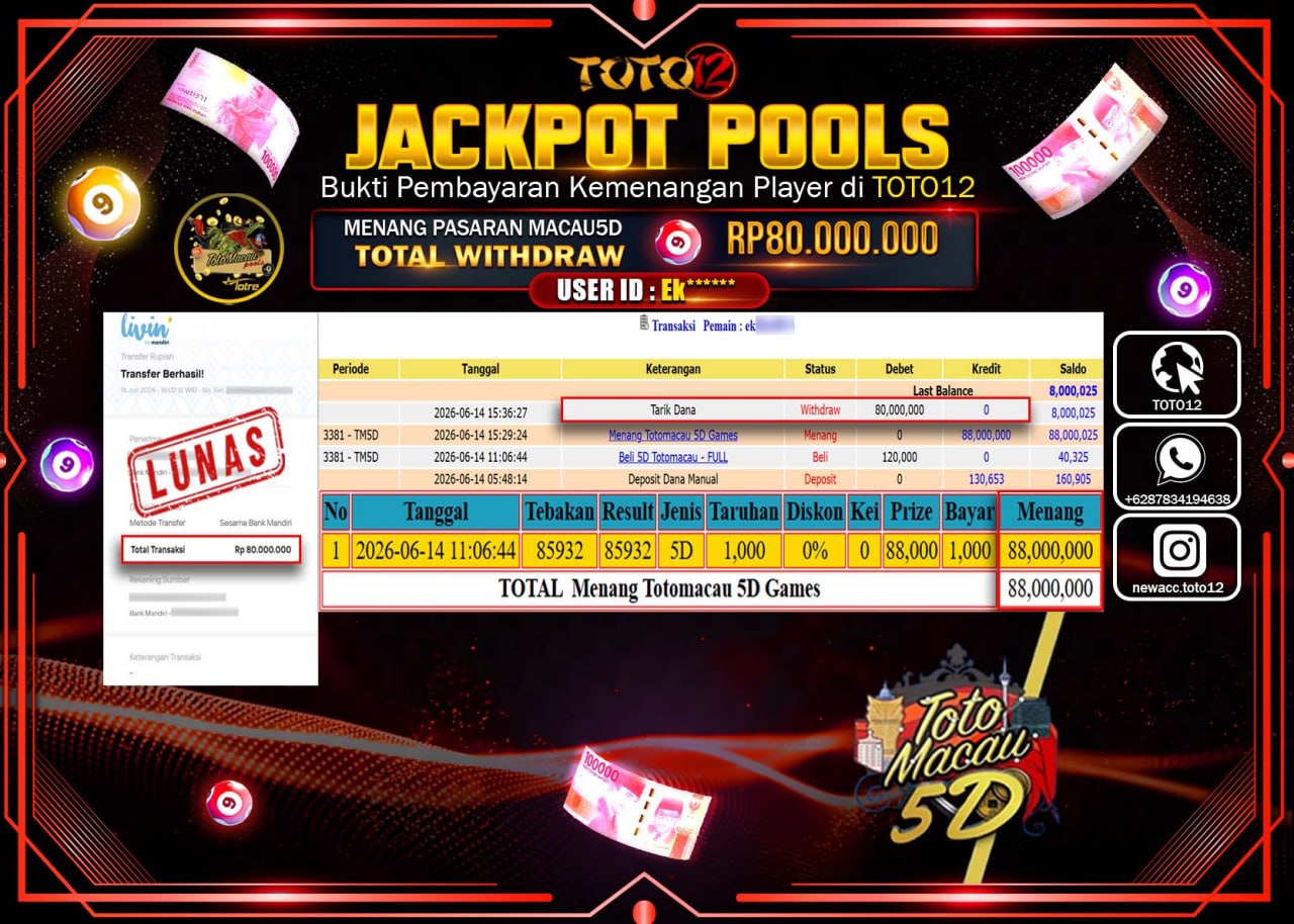 HANYA DI TOTO12 JP PASTI DI BAYAR LUNAS DAN CEPAT!!!!!! JACKPOT POOLS PASARAN (MACAU 5D) Rp80.000.000!!!!