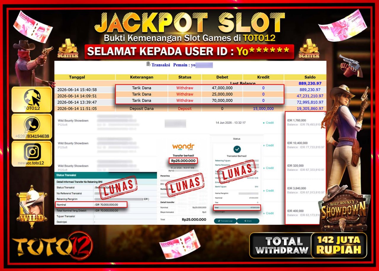 HANYA DI TOTO12 JP PASTI DI BAYAR LUNAS DAN CEPAT!!!!!! JACKPOT SLOT GAME (WILD BOUNTY SHOWDOWN) Rp142.000.000!!!!