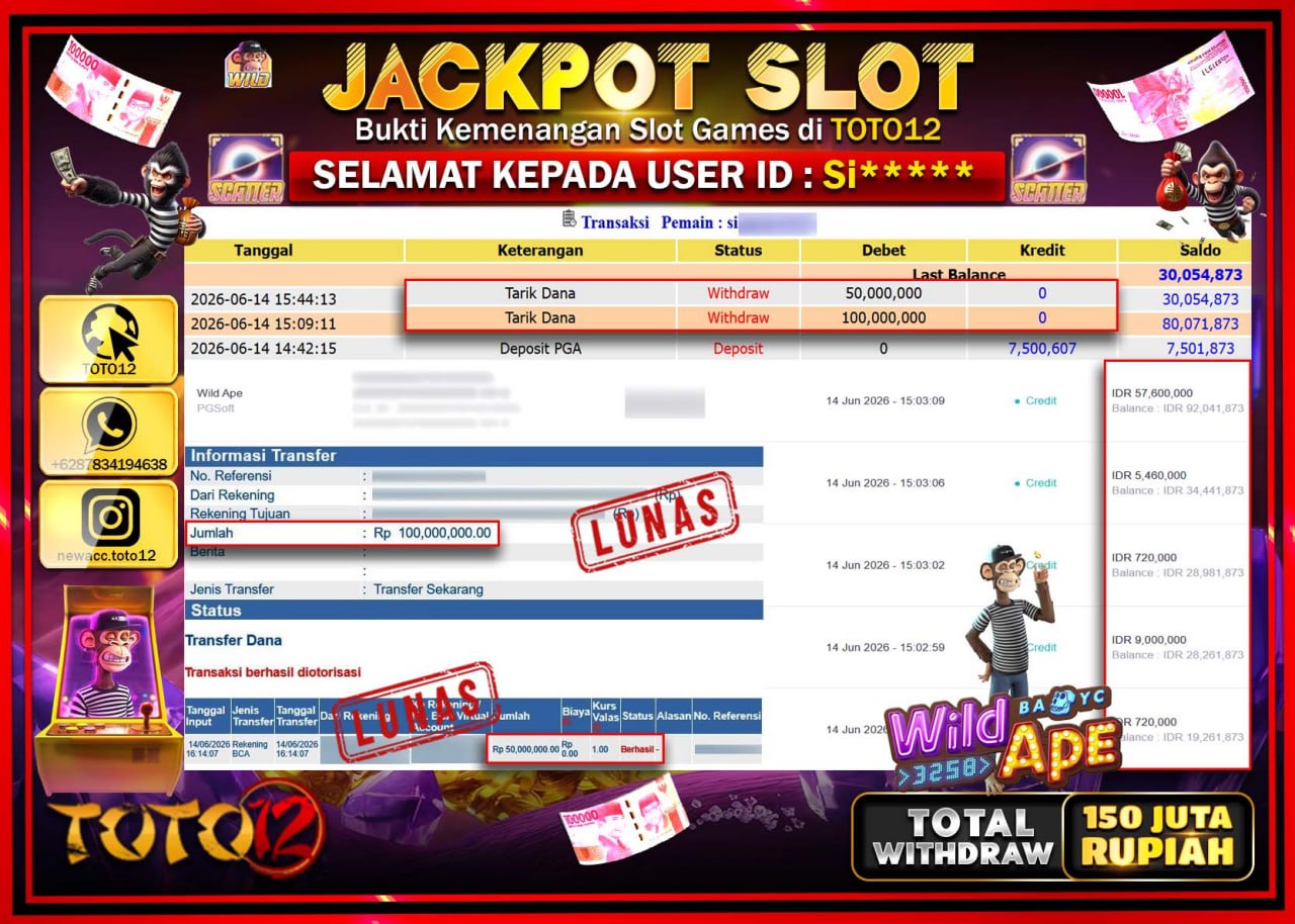 HANYA DI TOTO12 JP PASTI DI BAYAR LUNAS DAN CEPAT!!!!!! JACKPOT SLOT GAME (WILD APE) Rp150.000.000!!!!