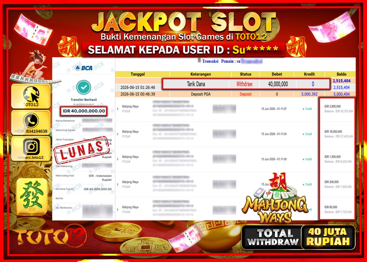 HANYA DI TOTO12 JP PASTI DI BAYAR LUNAS DAN CEPAT!!!!!! JACKPOT SLOT GAME (MAHJONG WAYS) Rp40.000.000!!!!