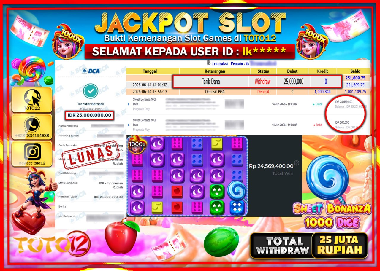 HANYA DI TOTO12 JP PASTI DI BAYAR LUNAS DAN CEPAT!!!!!! JACKPOT SLOT GAME (SWEET BONANZA 1000 DICE) Rp25.000.000!!!!