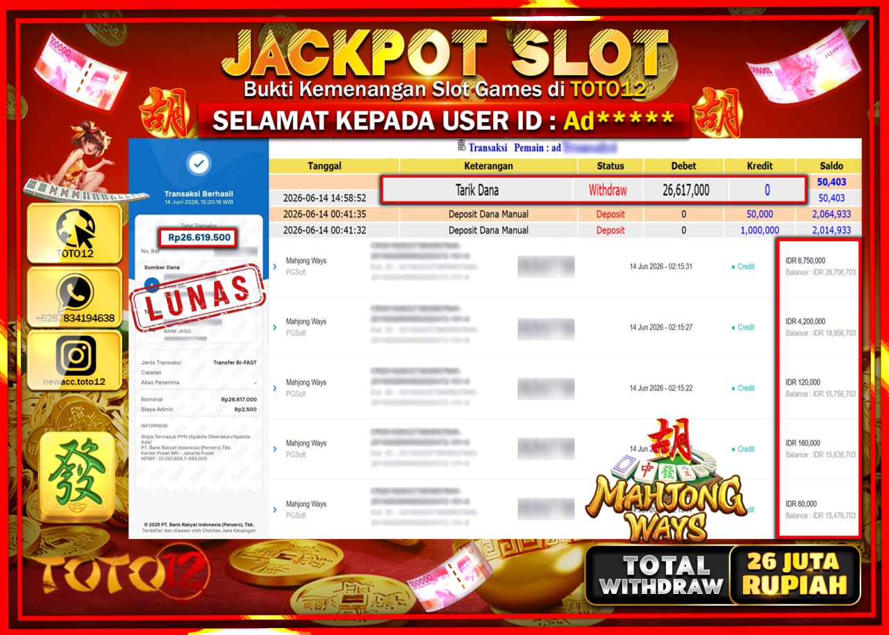 HANYA DI TOTO12 JP PASTI DI BAYAR LUNAS DAN CEPAT!!!!!! JACKPOT SLOT GAME (MAHJONG WAYS) Rp26.617.000!!!!