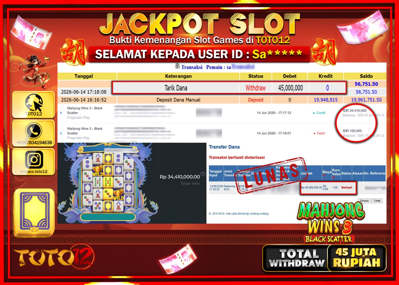 HANYA DI TOTO12 JP PASTI DI BAYAR LUNAS DAN CEPAT!!!!!! JACKPOT SLOT GAME (MAHJONG WINS 3 BLACK SCATTER) Rp45.000.000!!!!