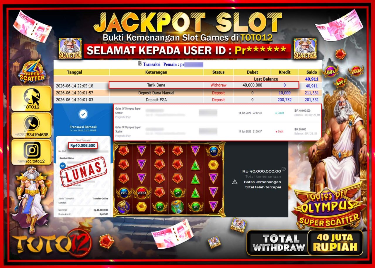 HANYA DI TOTO12 JP PASTI DI BAYAR LUNAS DAN CEPAT!!!!!! JACKPOT SLOT GAME (GATES OF OLYMPUS SUPER SCATTER) Rp40.000.000!!!!