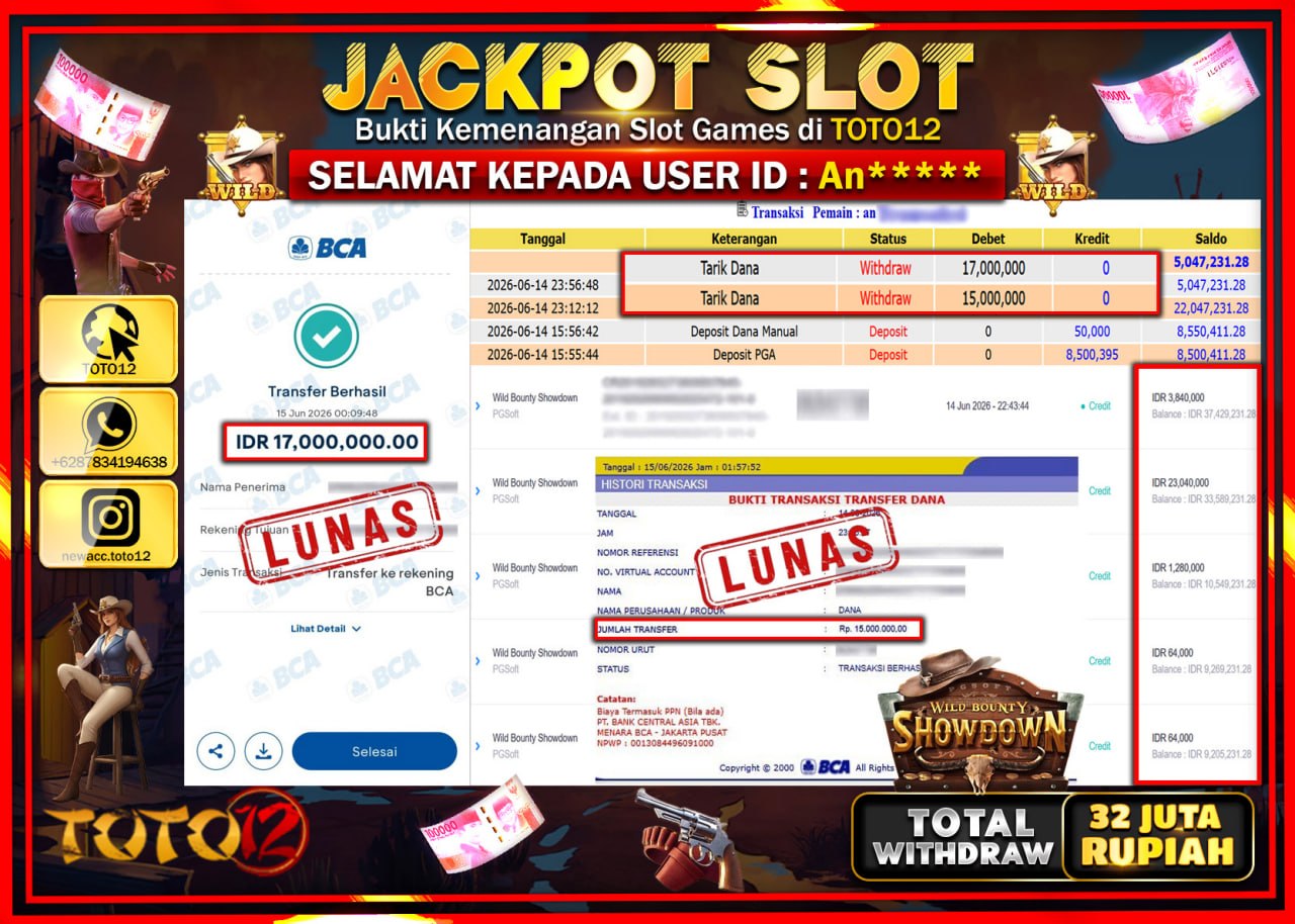 HANYA DI TOTO12 JP PASTI DI BAYAR LUNAS DAN CEPAT!!!!!! JACKPOT SLOT GAME (WILD BOUNTY SHOWDOWN) Rp32.600.000!!!!