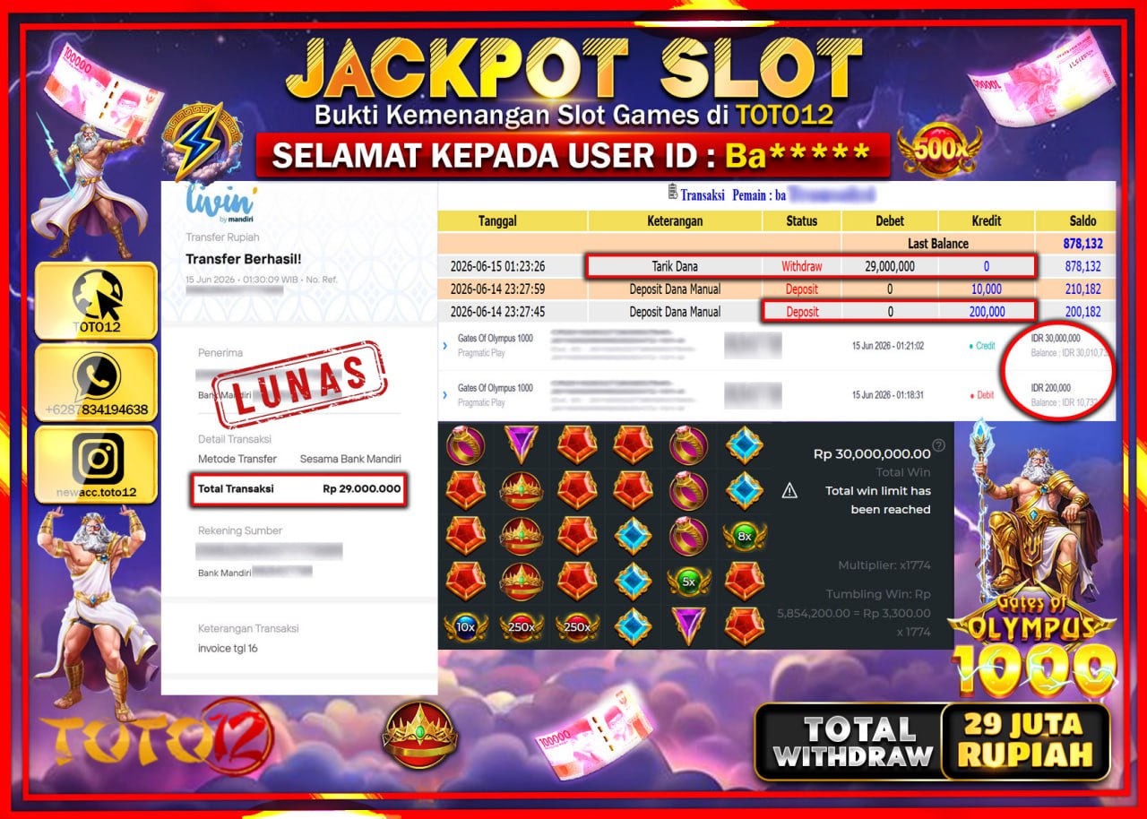 HANYA DI TOTO12 JP PASTI DI BAYAR LUNAS DAN CEPAT!!!!!! JACKPOT SLOT GAME (GATES OF OLYMPUS 1000) Rp29.000.000!!!!