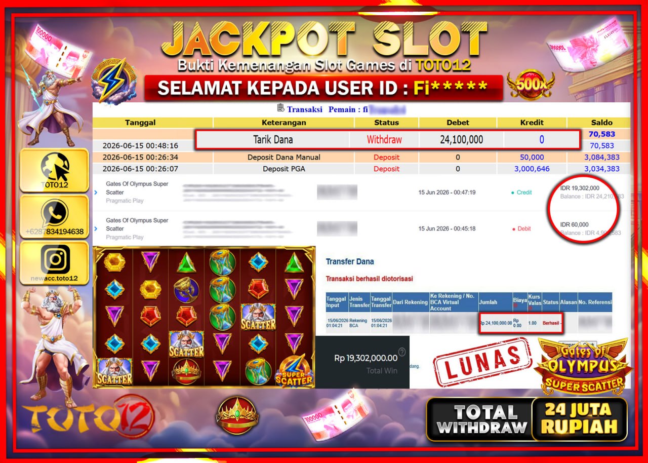 HANYA DI TOTO12 JP PASTI DI BAYAR LUNAS DAN CEPAT!!!!!! JACKPOT SLOT GAME (GATES OF OLYMPUS SUPER SCATTER) Rp24.100.000!!!!