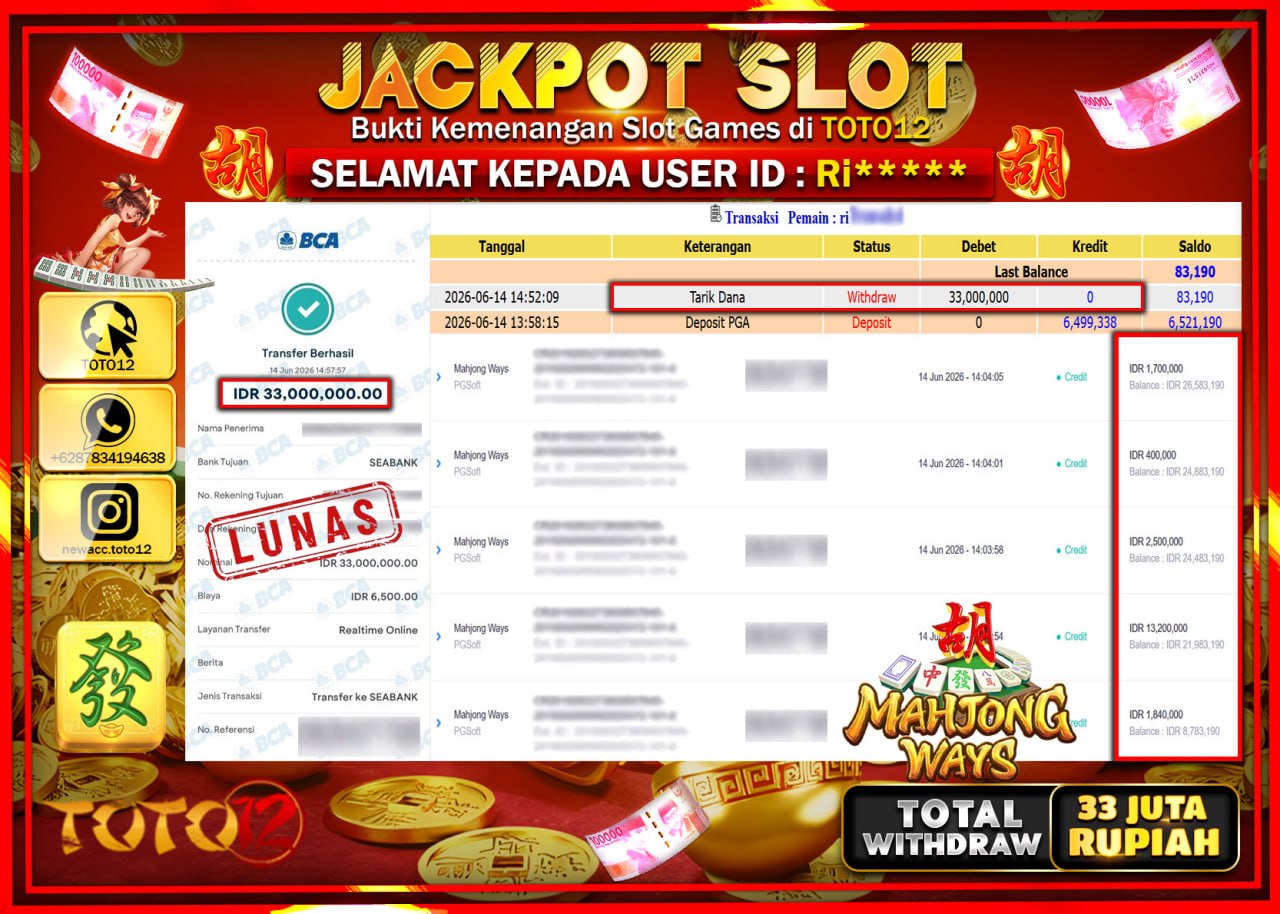 HANYA DI TOTO12 JP PASTI DI BAYAR LUNAS DAN CEPAT!!!!!! JACKPOT SLOT GAME (MAHJONG WAYS) Rp33.000.000!!!!