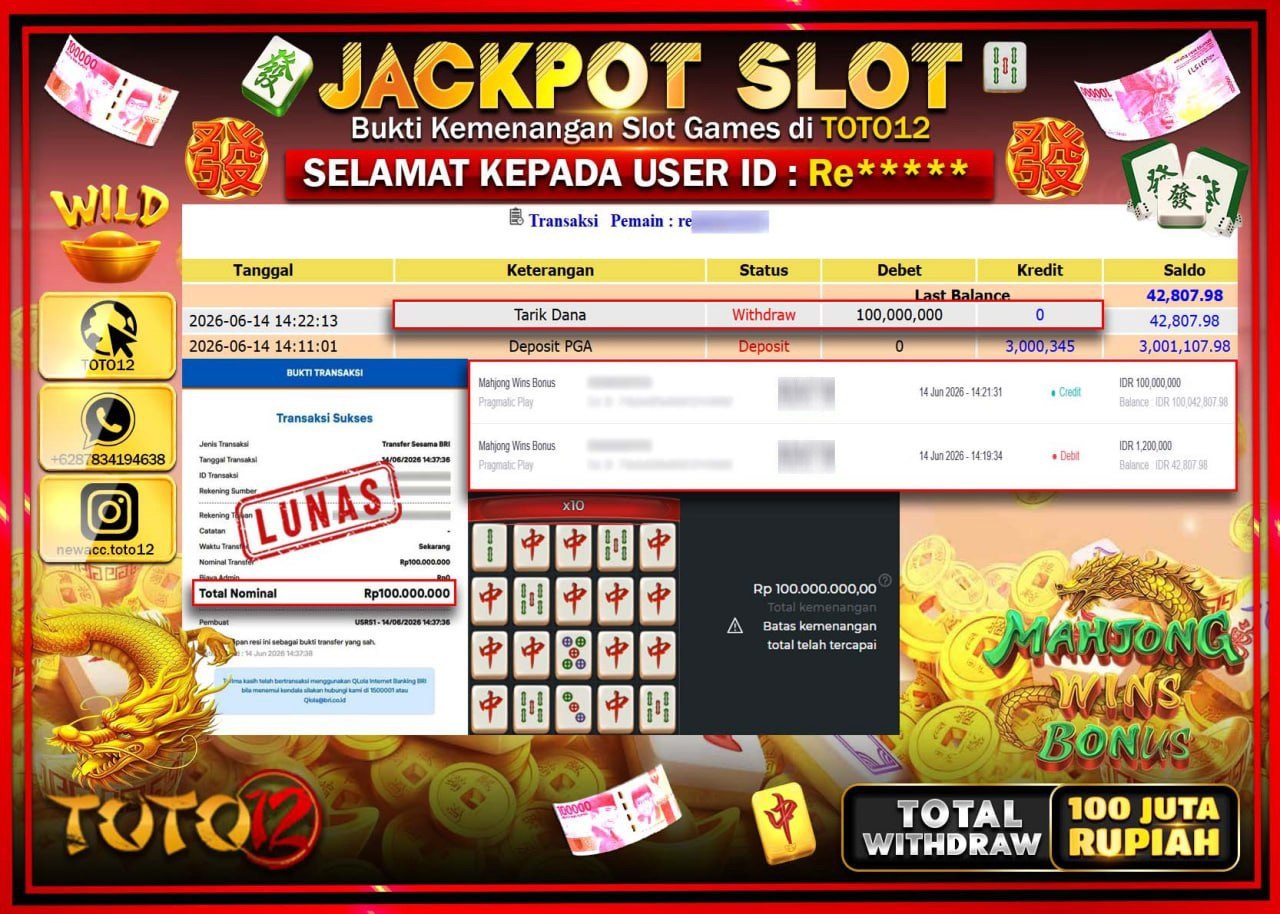 HANYA DI TOTO12 JP PASTI DI BAYAR LUNAS DAN CEPAT!!!!!! JACKPOT SLOT GAME (MAHJONG WINS BONUS) Rp100.000.000!!!!