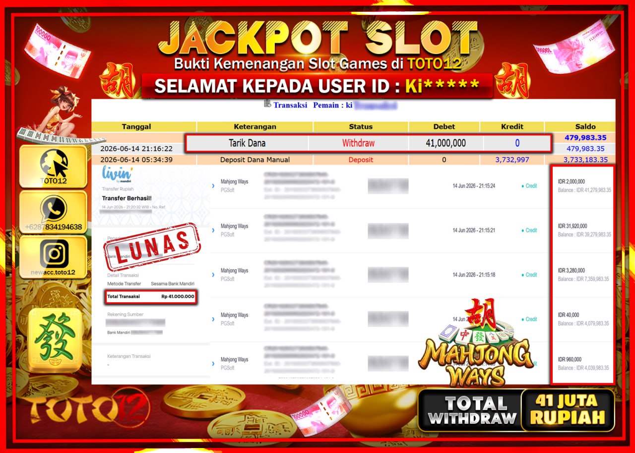 HANYA DI TOTO12 JP PASTI DI BAYAR LUNAS DAN CEPAT!!!!!! JACKPOT SLOT GAME (MAHJONG WAYS) Rp41.000.000!!!!