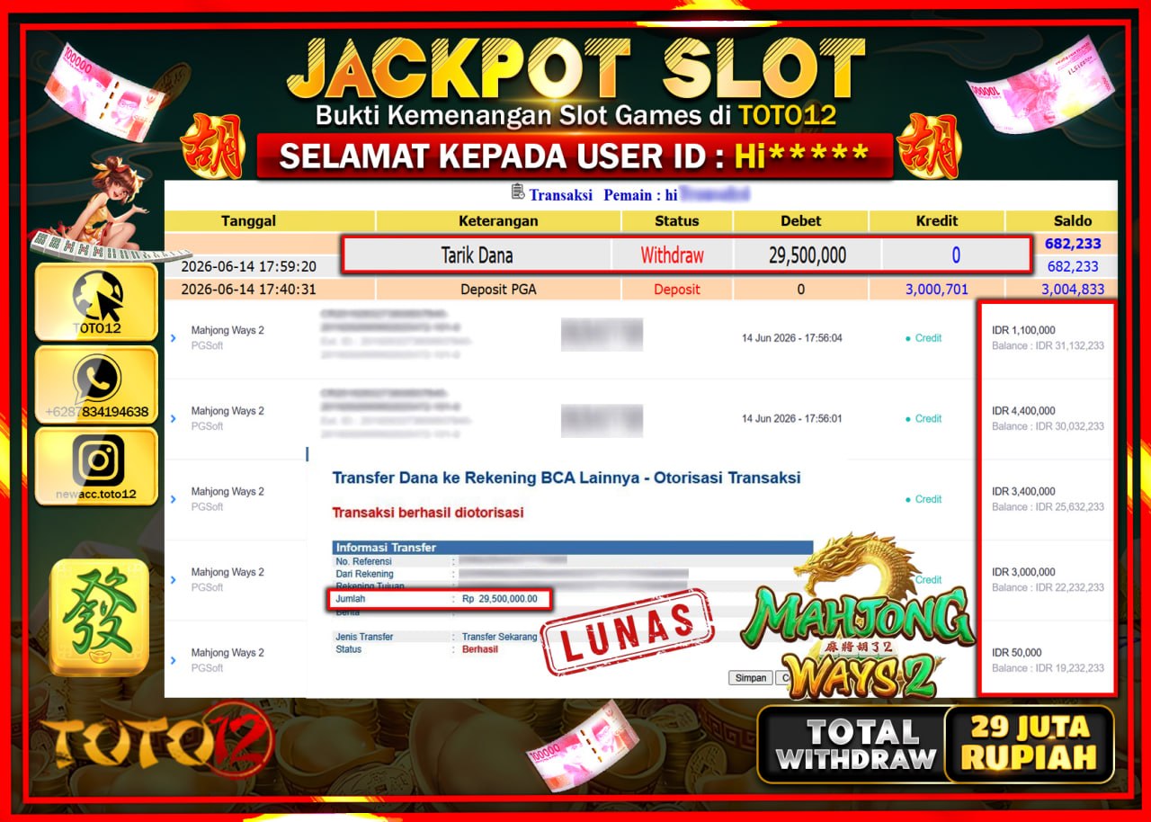 HANYA DI TOTO12 JP PASTI DI BAYAR LUNAS DAN CEPAT!!!!!! JACKPOT SLOT GAME (MAHJONG WAYS) Rp29.500.000!!!!