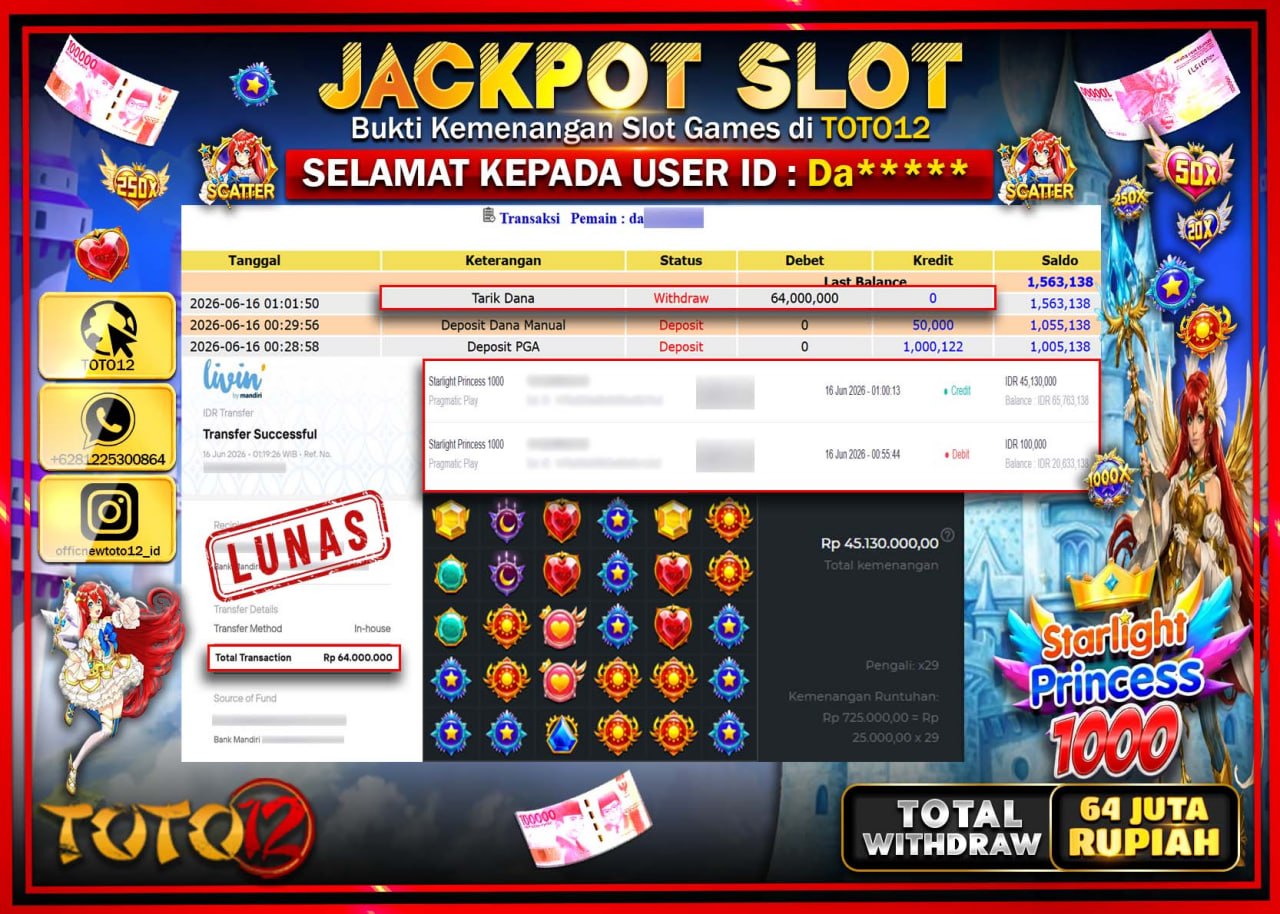 HANYA DI TOTO12 JP PASTI DI BAYAR LUNAS DAN CEPAT!!!!!! JACKPOT SLOT GAME (STARLIGHT PRINCESS 1000) Rp64.000.000!!!!