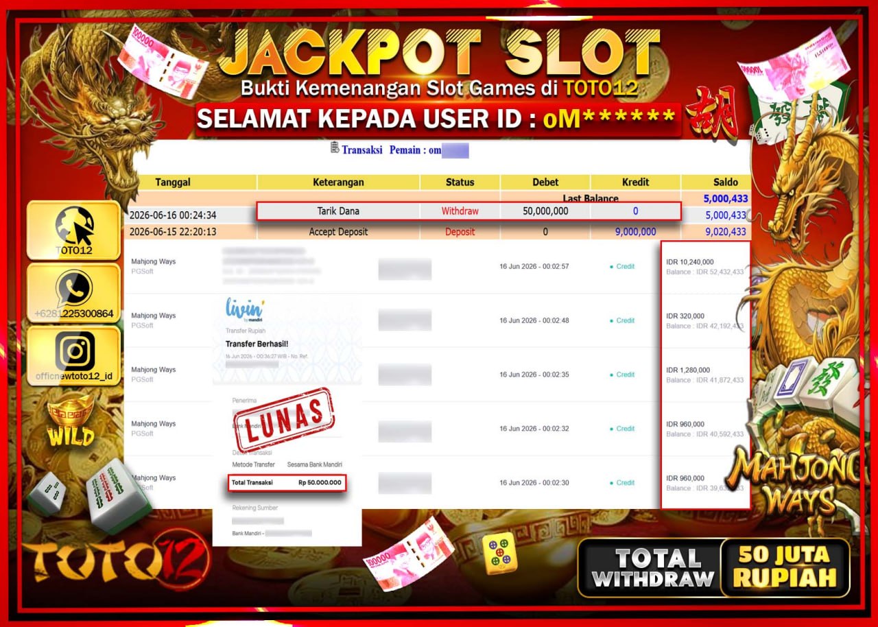 HANYA DI TOTO12 JP PASTI DI BAYAR LUNAS DAN CEPAT!!!!!! JACKPOT SLOT GAME (MAHJONG WAYS) Rp50.000.000!!!!