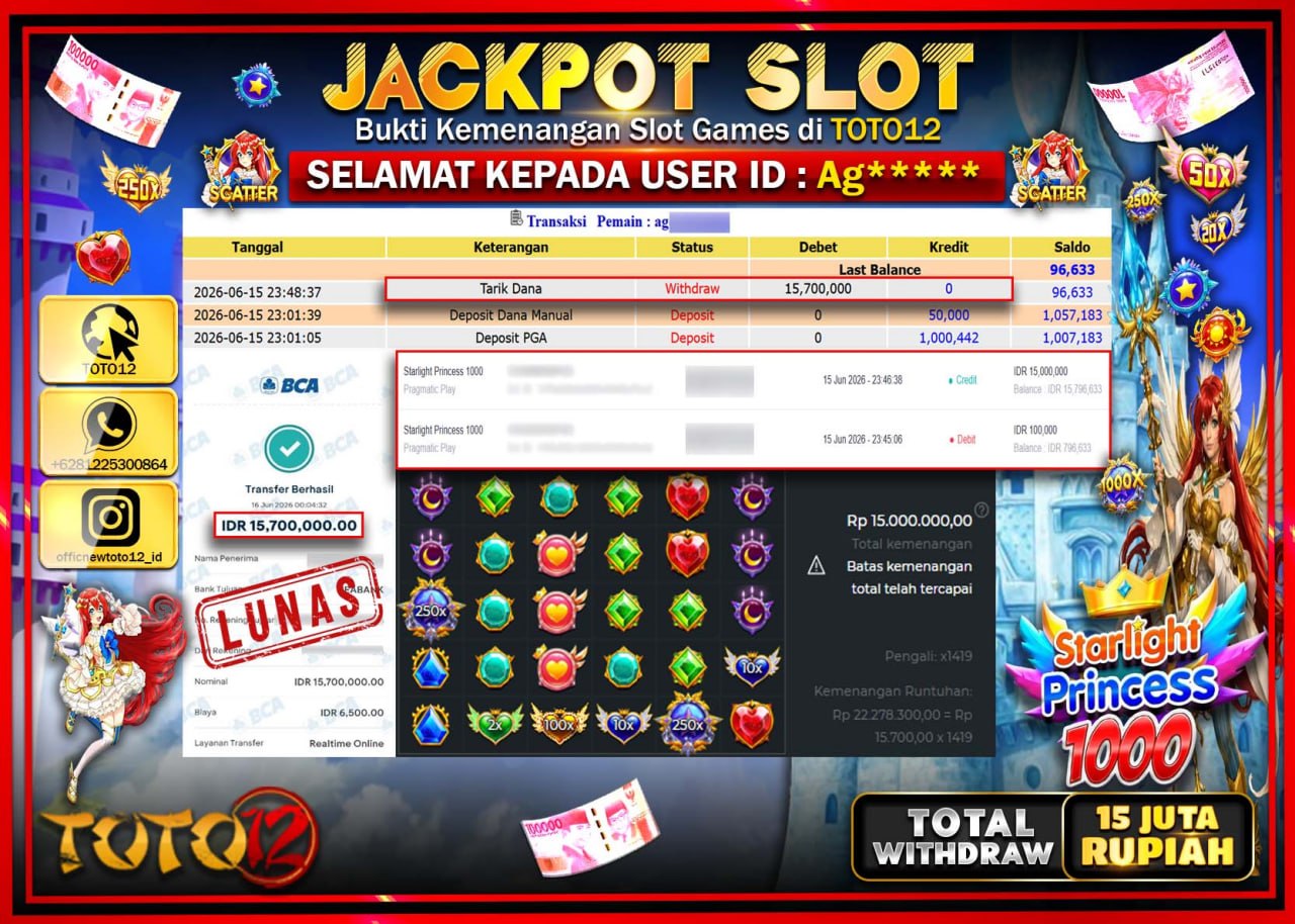 HANYA DI TOTO12 JP PASTI DI BAYAR LUNAS DAN CEPAT!!!!!! JACKPOT SLOT GAME (STARLIGHT PRINCESS 1000) Rp15.700.000!!!!