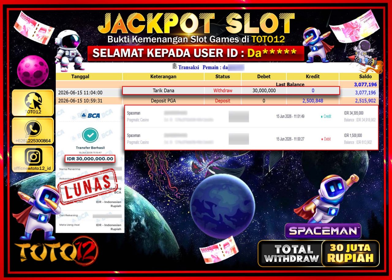 HANYA DI TOTO12 JP PASTI DI BAYAR LUNAS DAN CEPAT!!!!!! JACKPOT SLOT GAME (SPACEMAN) Rp30.000.000!!!!