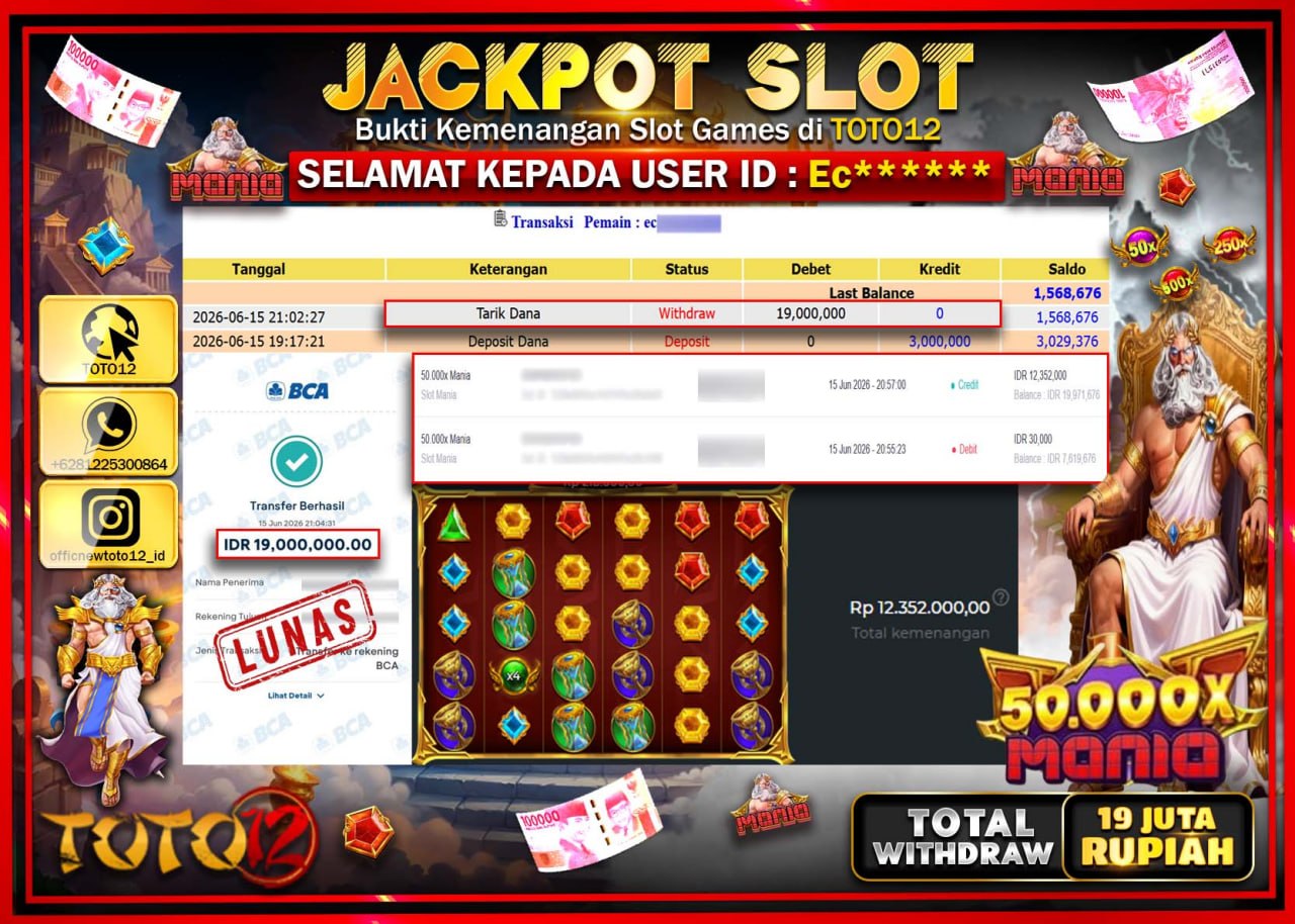 HANYA DI TOTO12 JP PASTI DI BAYAR LUNAS DAN CEPAT!!!!!! JACKPOT SLOT GAME (50.000 X MANIA) Rp19.000.000!!!!