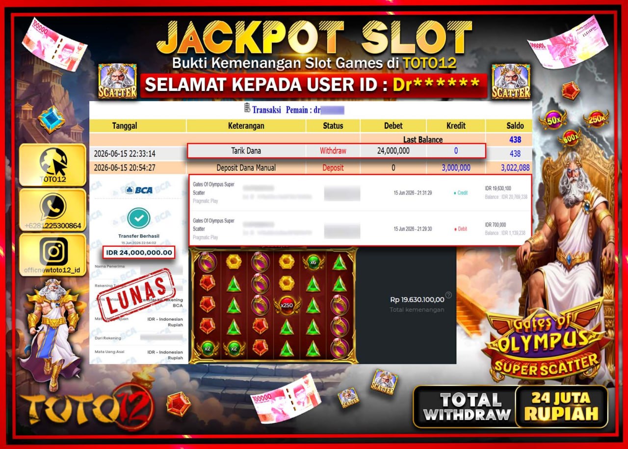 HANYA DI TOTO12 JP PASTI DI BAYAR LUNAS DAN CEPAT!!!!!! JACKPOT SLOT GAME (GATES OF OLYMPUS SUPER SCATTER) Rp24.000.000!!!!