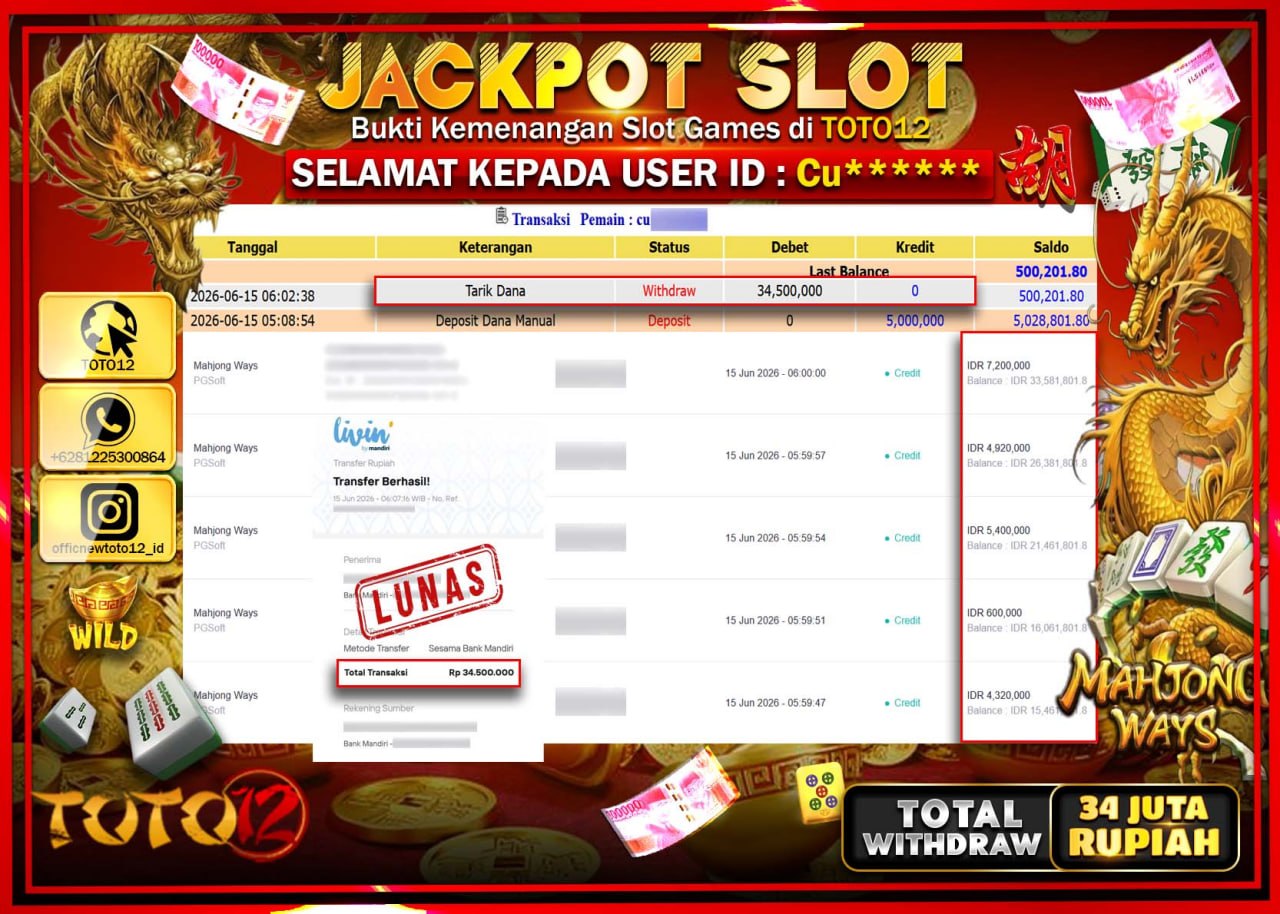 HANYA DI TOTO12 JP PASTI DI BAYAR LUNAS DAN CEPAT!!!!!! JACKPOT SLOT GAME (MAHJONG WAYS) Rp34.500.000!!!!