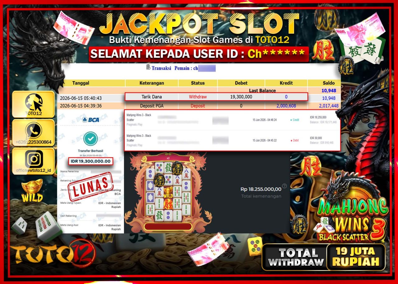 HANYA DI TOTO12 JP PASTI DI BAYAR LUNAS DAN CEPAT!!!!!! JACKPOT SLOT GAME (MAHJONG WINS 3 BLACK SCATTER) Rp19.300.000!!!!