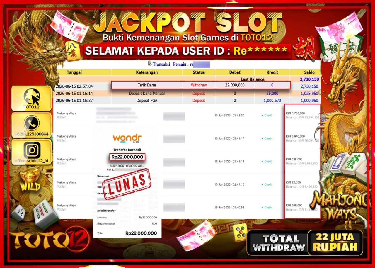 HANYA DI TOTO12 JP PASTI DI BAYAR LUNAS DAN CEPAT!!!!!! JACKPOT SLOT GAME (MAHJONG WAYS) Rp22.000.000!!!!