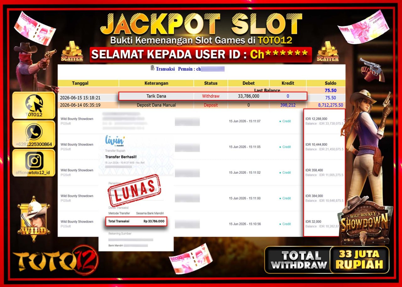HANYA DI TOTO12 JP PASTI DI BAYAR LUNAS DAN CEPAT!!!!!! JACKPOT SLOT GAME (WILD BOUNTY SHOWDOWN) Rp33.786.000!!!!