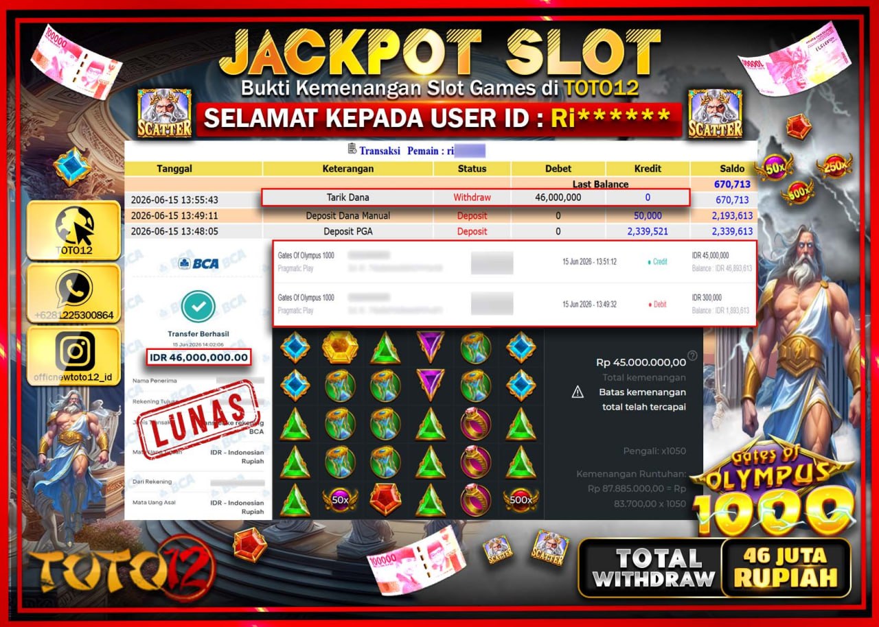 HANYA DI TOTO12 JP PASTI DI BAYAR LUNAS DAN CEPAT!!!!!! JACKPOT SLOT GAME (GATES OF OLYMPUS 1000) Rp46.000.000!!!!