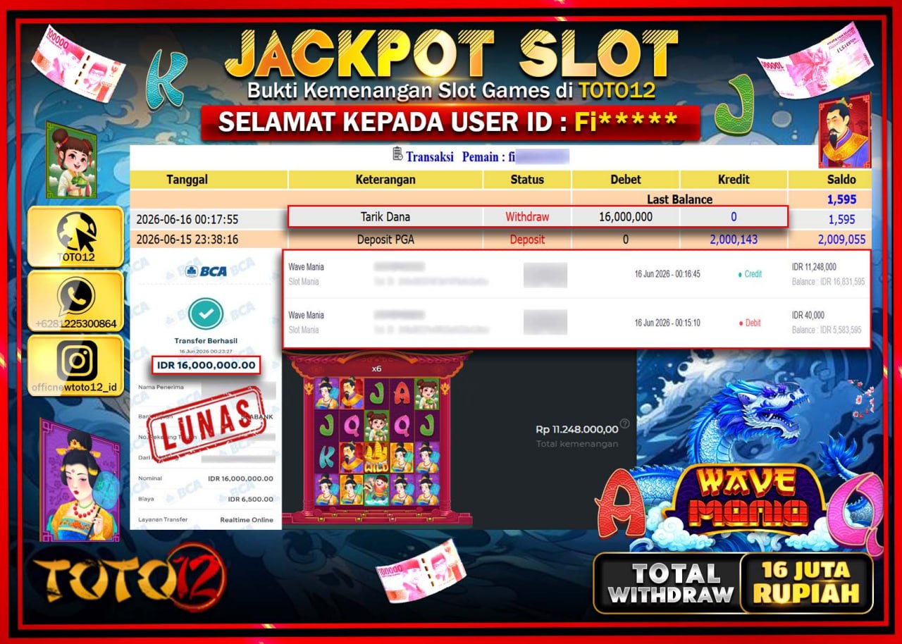 HANYA DI TOTO12 JP PASTI DI BAYAR LUNAS DAN CEPAT!!!!!! JACKPOT SLOT GAME (WAVE MANIA) Rp16.000.000!!!!