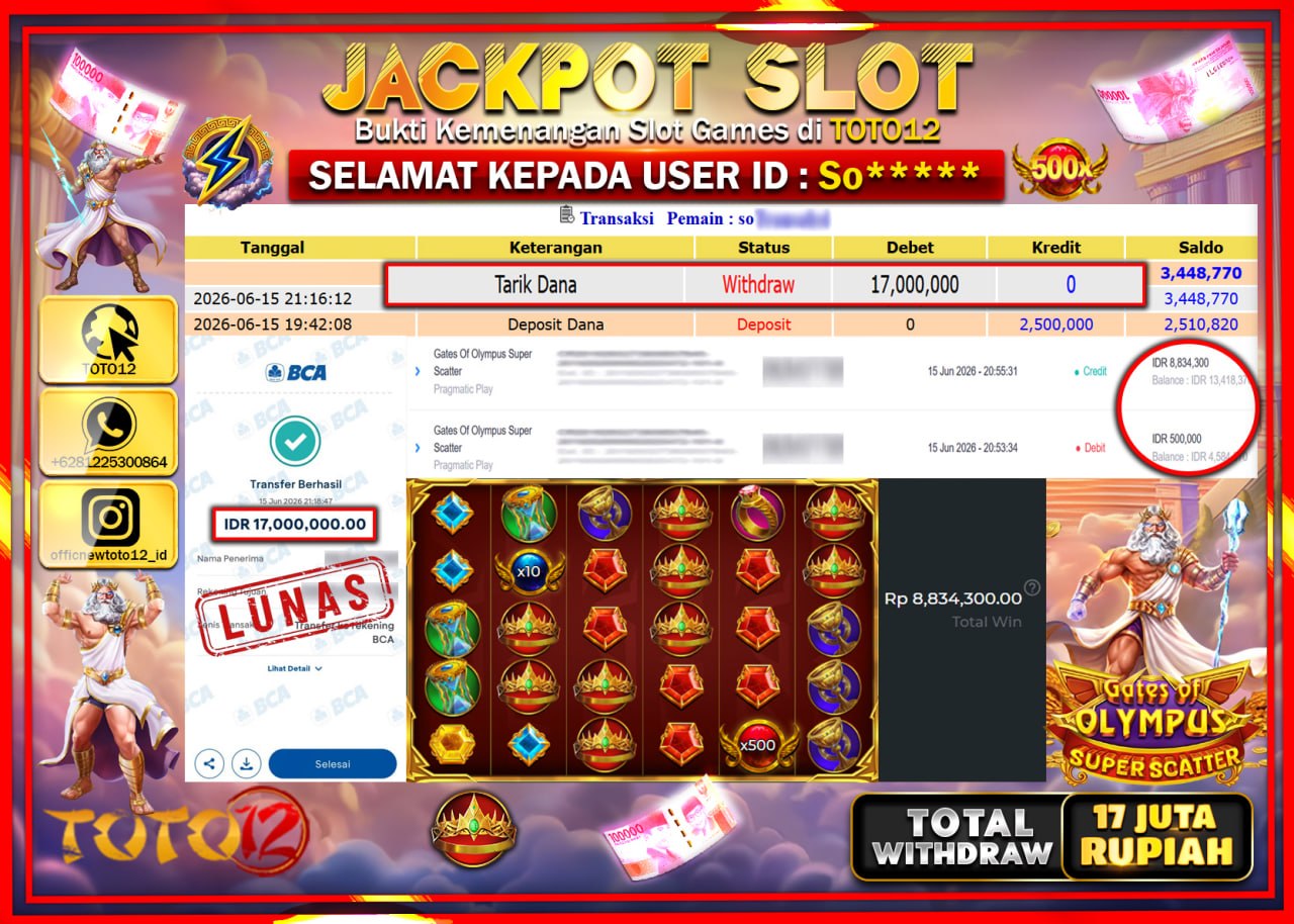 HANYA DI TOTO12 JP PASTI DI BAYAR LUNAS DAN CEPAT!!!!!! JACKPOT SLOT GAME (GATES OF OLYMPUS SUPER SCATTER) Rp17.000.000!!!!