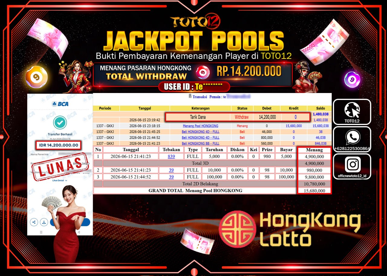 HANYA DI TOTO12 JP PASTI DI BAYAR LUNAS DAN CEPAT!!!!!! JACKPOT POOLS PASARAN (HONGKONG) Rp14.200.000!!!!