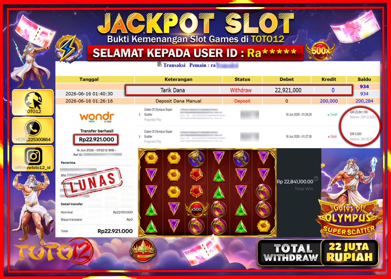 HANYA DI TOTO12 JP PASTI DI BAYAR LUNAS DAN CEPAT!!!!!! JACKPOT SLOT GAME (GATES OF OLYMPUS SUPER SCATTER) Rp22.921.000!!!!