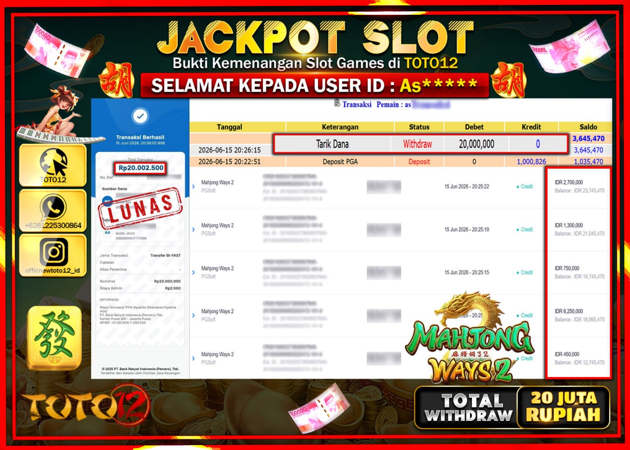 HANYA DI TOTO12 JP PASTI DI BAYAR LUNAS DAN CEPAT!!!!!! JACKPOT SLOT GAME (MAHJONG WAYS 2) Rp20.000.000!!!!