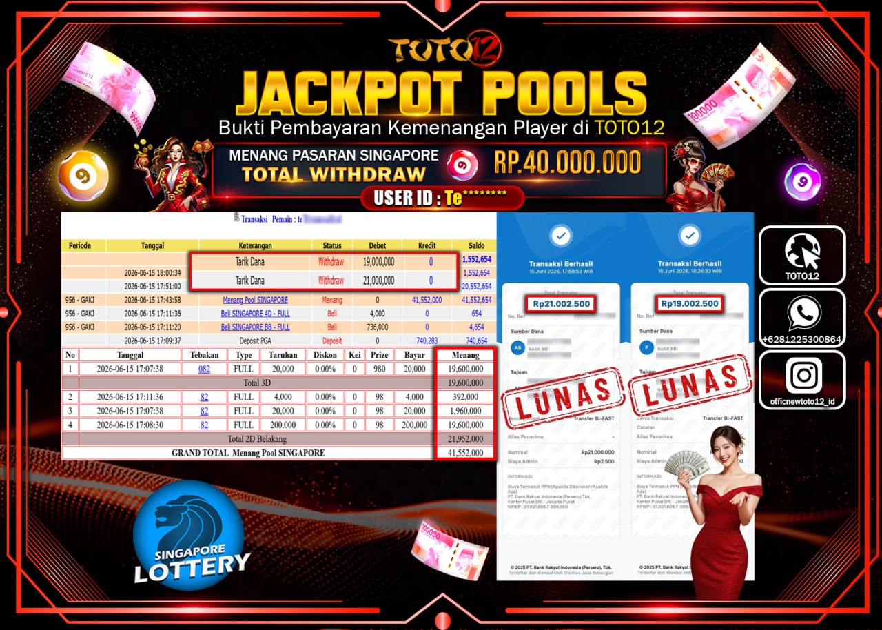 HANYA DI TOTO12 JP PASTI DI BAYAR LUNAS DAN CEPAT!!!!!! JACKPOT POOLS PASARAN (SINGAPORE) Rp40.000.000!!!!