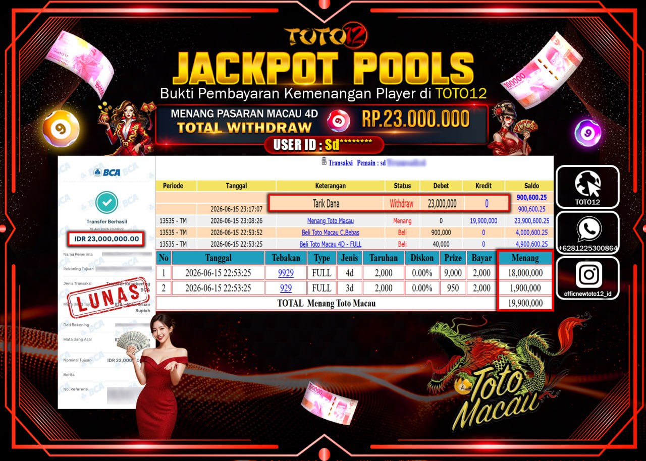 HANYA DI TOTO12 JP PASTI DI BAYAR LUNAS DAN CEPAT!!!!!! JACKPOT SLOT GAME (MACAU 4D) Rp23.000.000!!!!