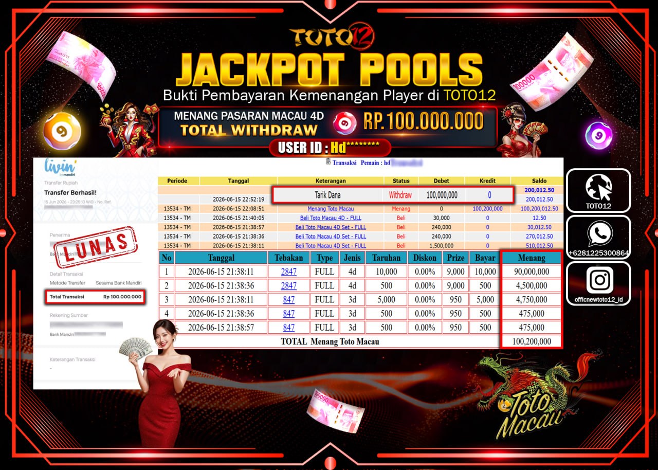 HANYA DI TOTO12 JP PASTI DI BAYAR LUNAS DAN CEPAT!!!!!! JACKPOT POOLS PASARAN (MACAU 4D) Rp100.000.000!!!!