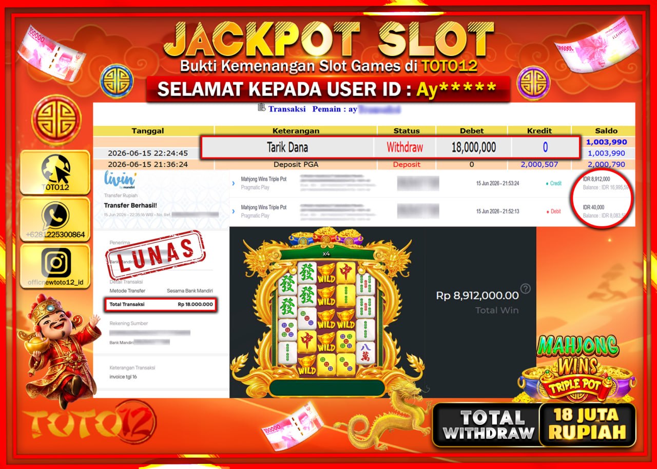 HANYA DI TOTO12 JP PASTI DI BAYAR LUNAS DAN CEPAT!!!!!! JACKPOT SLOT GAME (MAHJONG WINS TRIPLE) Rp18.000.000!!!!