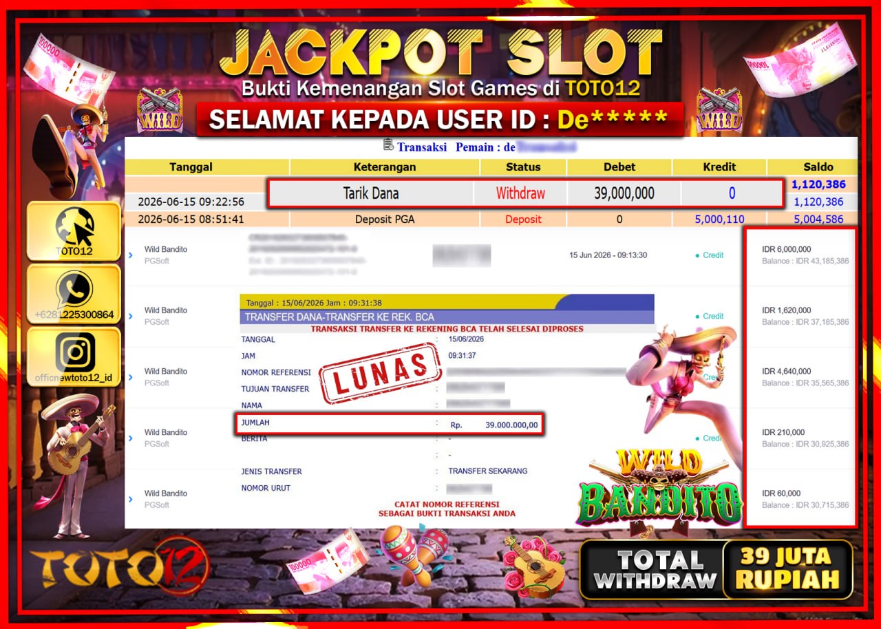HANYA DI TOTO12 JP PASTI DI BAYAR LUNAS DAN CEPAT!!!!!! JACKPOT SLOT GAME (WILD BANDITO) Rp39.000.000!!!!