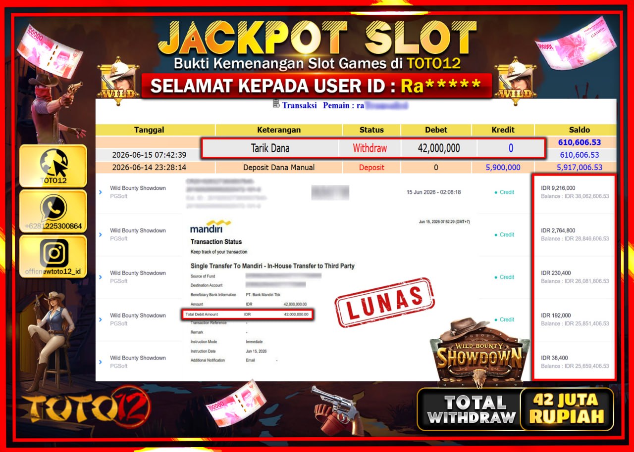 HANYA DI TOTO12 JP PASTI DI BAYAR LUNAS DAN CEPAT!!!!!! JACKPOT SLOT GAME (WILD BOUNTY SHOWDOWN) Rp42.000.000!!!!