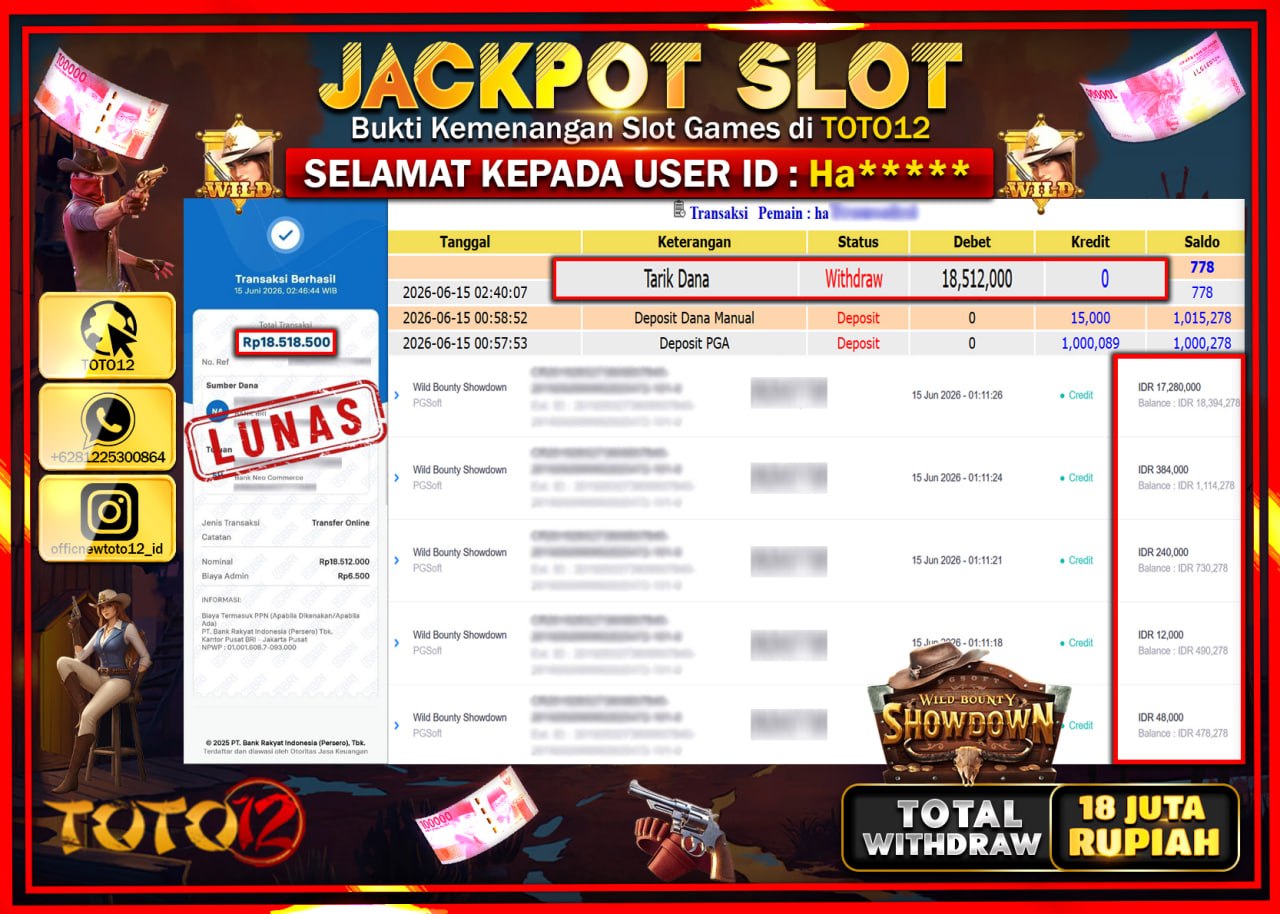 HANYA DI TOTO12 JP PASTI DI BAYAR LUNAS DAN CEPAT!!!!!! JACKPOT SLOT GAME (WILD BOUNTY SHOWDOWN) Rp18.512.000!!!!