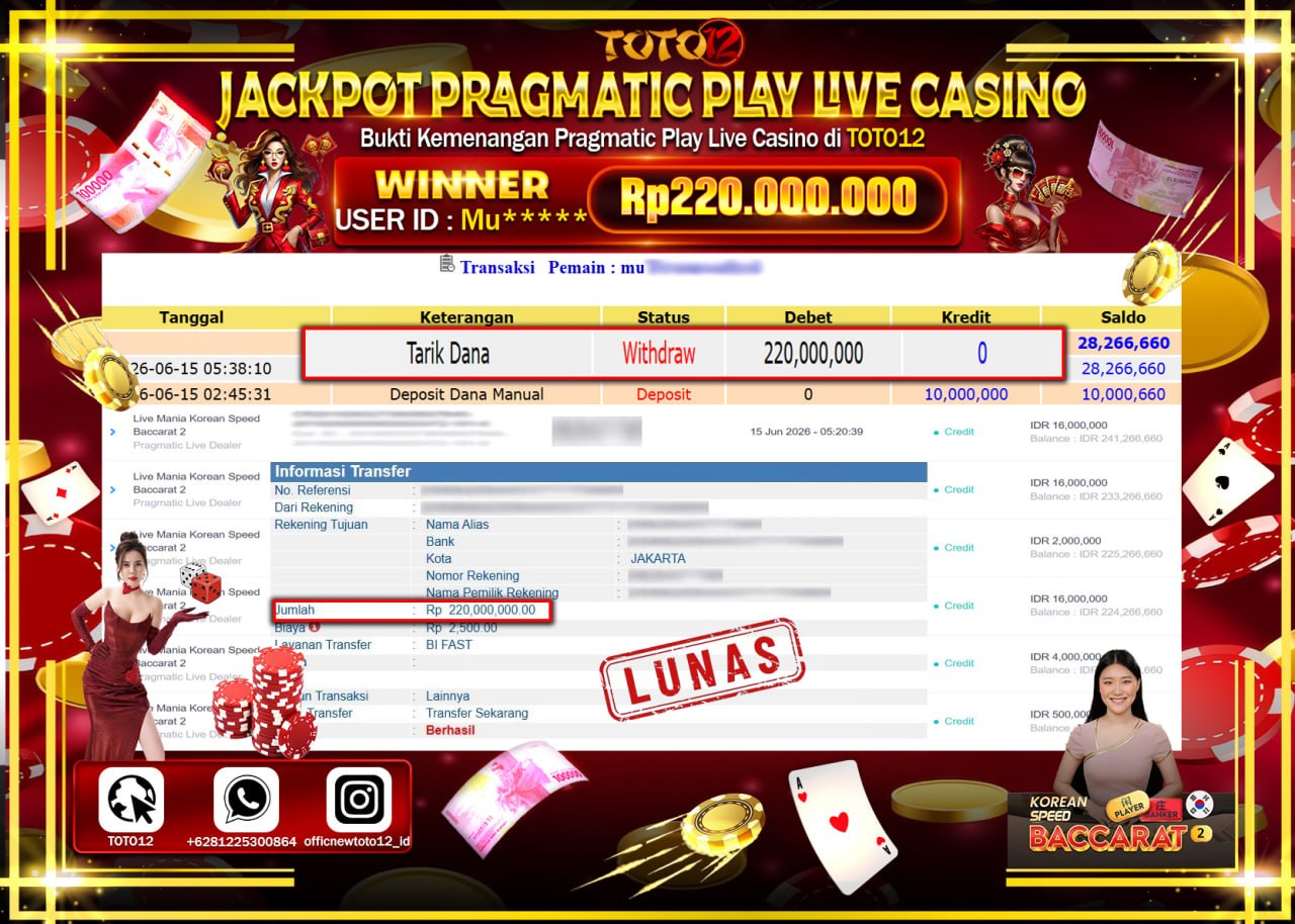 HANYA DI TOTO12 JP PASTI DI BAYAR LUNAS DAN CEPAT!!!!!! JACKPOT PRAGMATIC PLAY LIVE GAME CASINO (LIVE MANIA KOREAN SPEED BACCARAT 2) Rp220.000.000!!!!