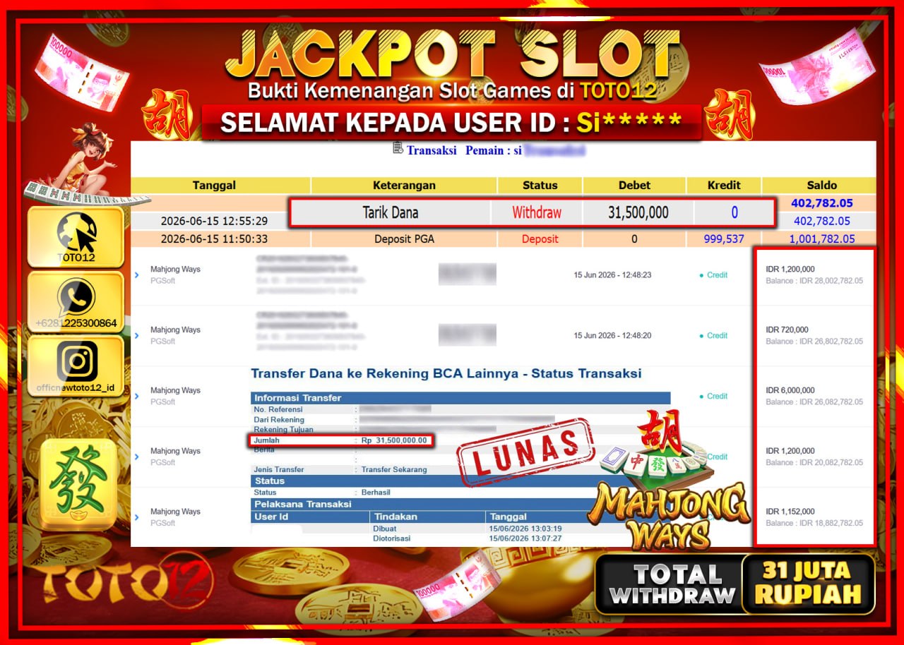 HANYA DI TOTO12 JP PASTI DI BAYAR LUNAS DAN CEPAT!!!!!! JACKPOT SLOT GAME (MAHJONG WAYS) Rp31.500.000!!!!