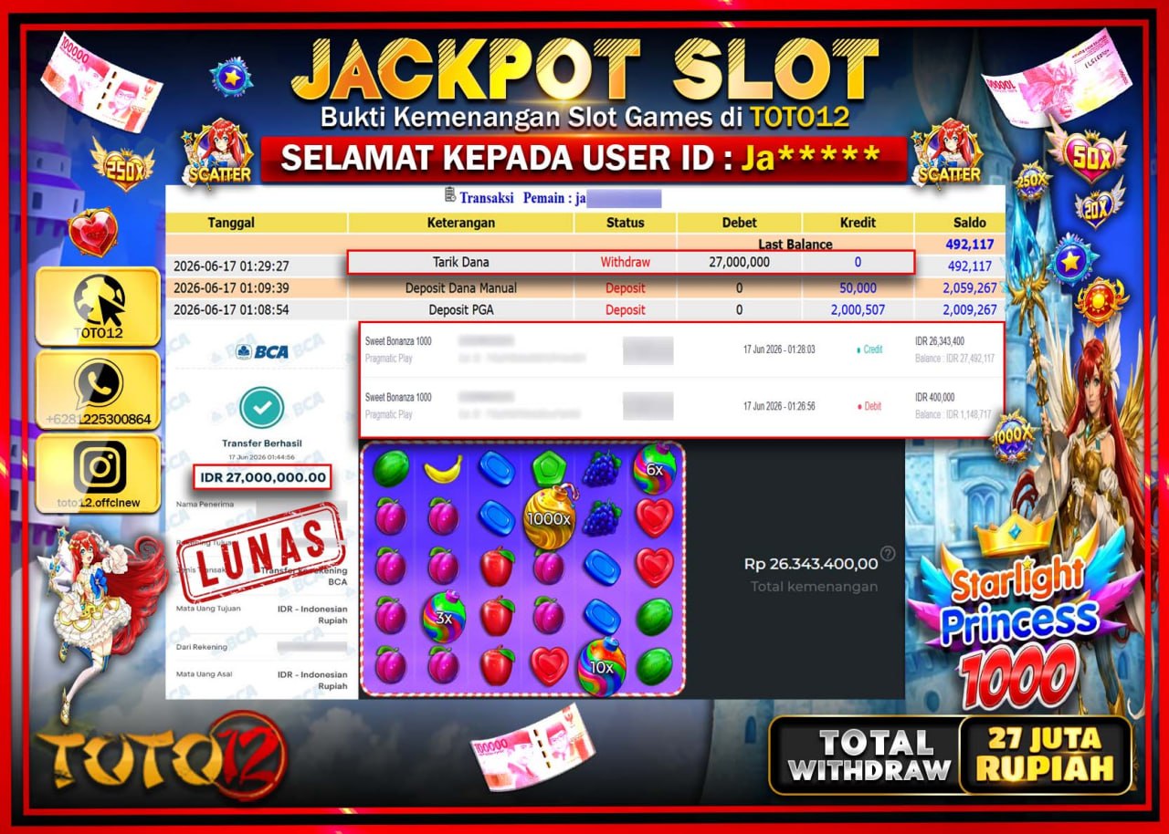 HANYA DI TOTO12 JP PASTI DI BAYAR LUNAS DAN CEPAT!!!!!! JACKPOT SLOT GAME (STARLIGHT PRINCESS 1000) Rp27.000.000!!!!