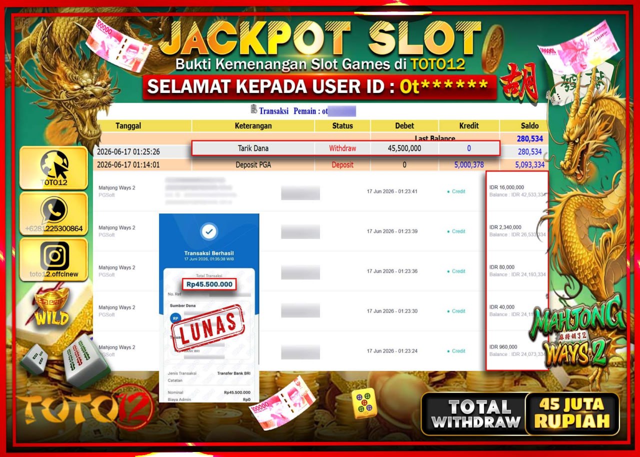 HANYA DI TOTO12 JP PASTI DI BAYAR LUNAS DAN CEPAT!!!!!! JACKPOT SLOT GAME (MAHJONG WAYS 2) Rp45.500.000!!!!
