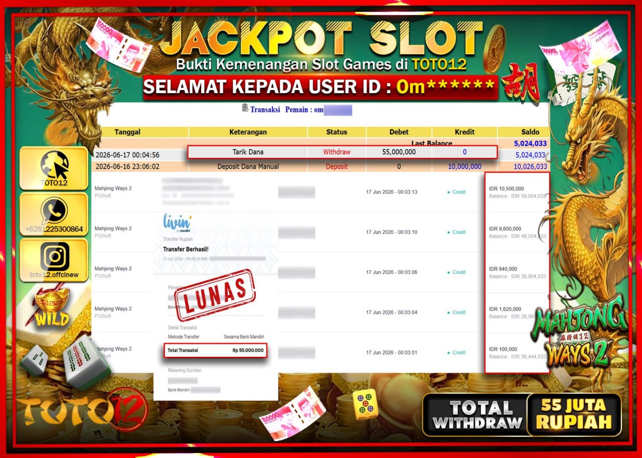 HANYA DI TOTO12 JP PASTI DI BAYAR LUNAS DAN CEPAT!!!!!! JACKPOT SLOT GAME (MAHJONG WAYS 2) Rp55.000.000!!!!