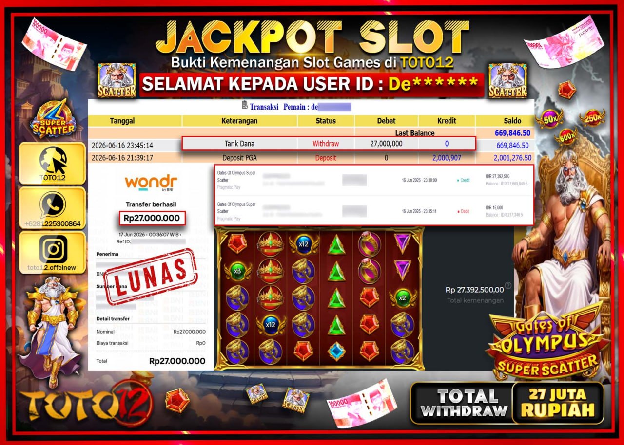 HANYA DI TOTO12 JP PASTI DI BAYAR LUNAS DAN CEPAT!!!!!! JACKPOT SLOT GAME (GATES OF OLYMPUS SUPER SCATTER) Rp27.000.000!!!!