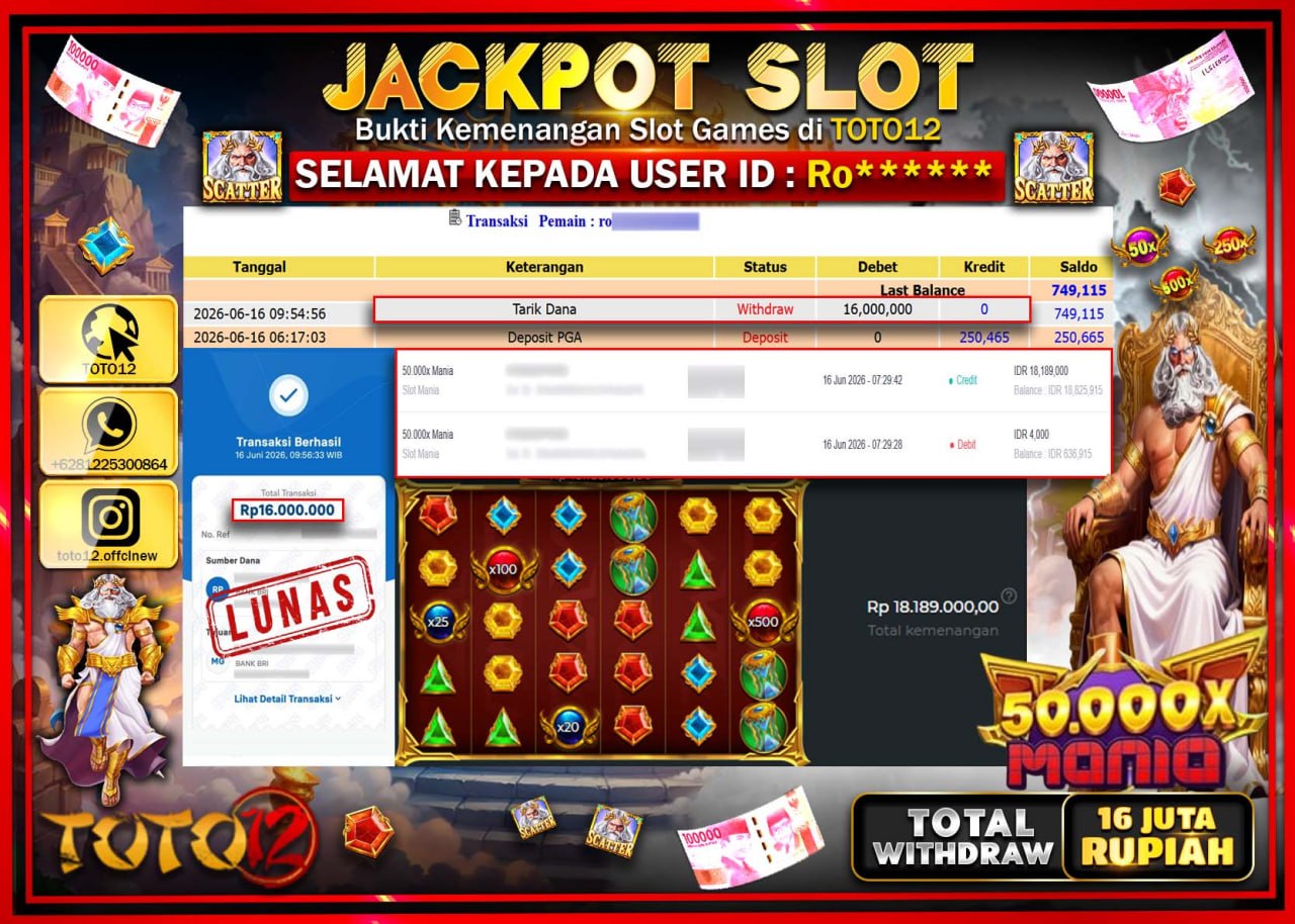 HANYA DI TOTO12 JP PASTI DI BAYAR LUNAS DAN CEPAT!!!!!! JACKPOT SLOT GAME (50.000 X MANIA) Rp16.000.000!!!!