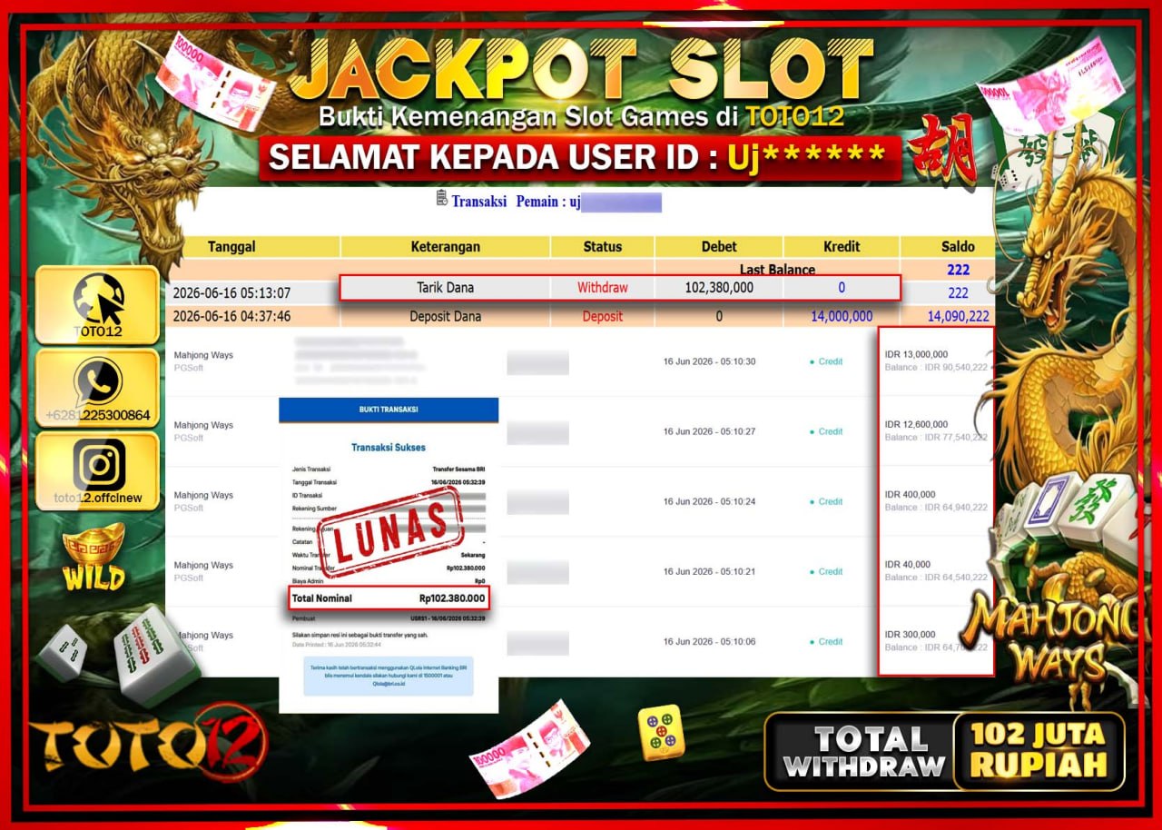 HANYA DI TOTO12 JP PASTI DI BAYAR LUNAS DAN CEPAT!!!!!! JACKPOT SLOT GAME (MAHJONG WAYS) Rp102.380.000!!!!