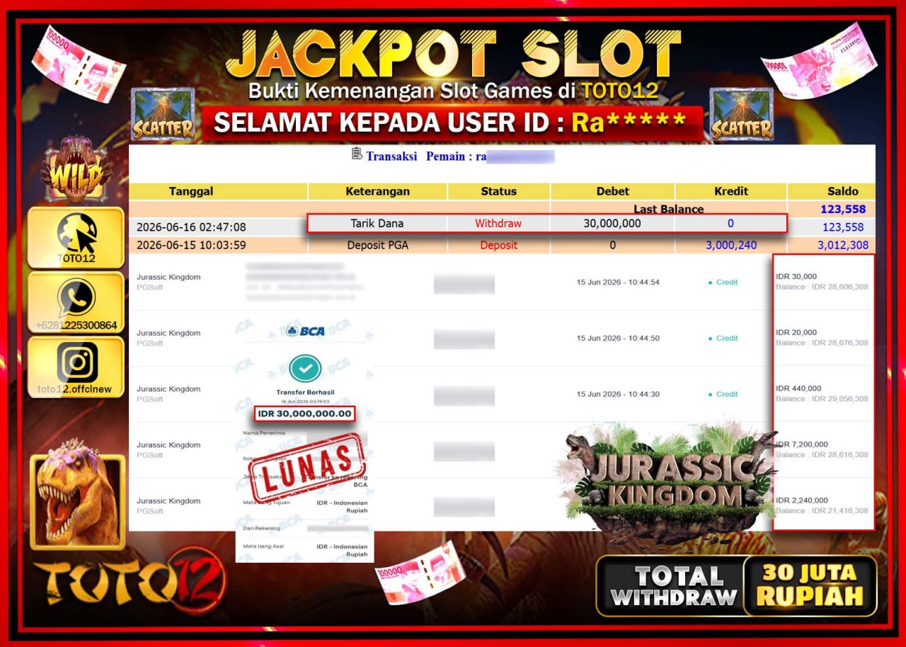 HANYA DI TOTO12 JP PASTI DI BAYAR LUNAS DAN CEPAT!!!!!! JACKPOT SLOT GAME (JURASSIC KINDOM) Rp30.000.000!!!!