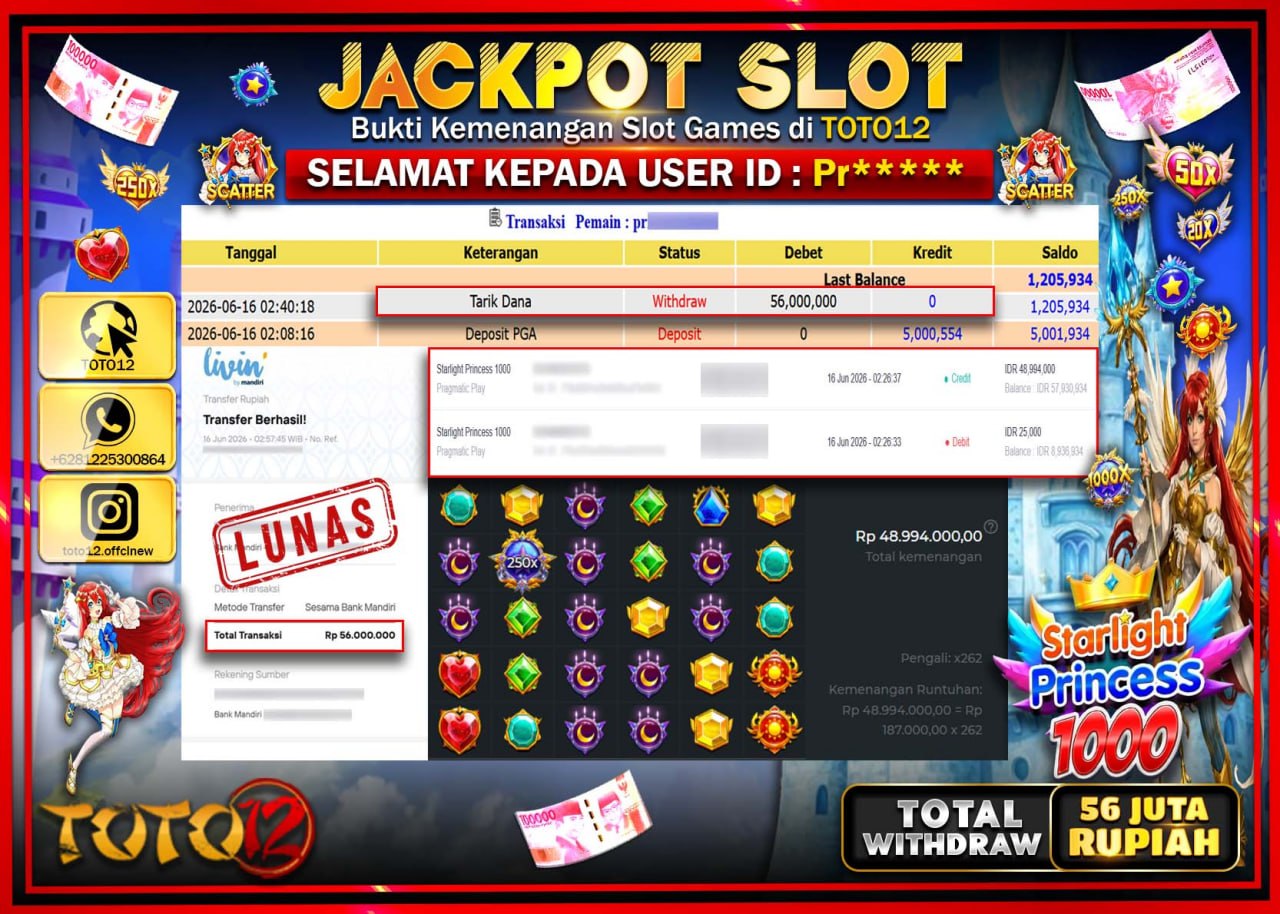 HANYA DI TOTO12 JP PASTI DI BAYAR LUNAS DAN CEPAT!!!!!! JACKPOT SLOT GAME (STARLIGHT PRINCESS 1000) Rp56.000.000!!!!